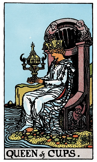 Queen of Cups tarot card from the Rider–Waite deck, depicting a compassionate queen seated by water, gazing into a covered chalice