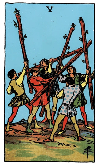 5 of Wands tarot card from the Rider–Waite deck, showing five figures wielding wands in a lively competition or conflict