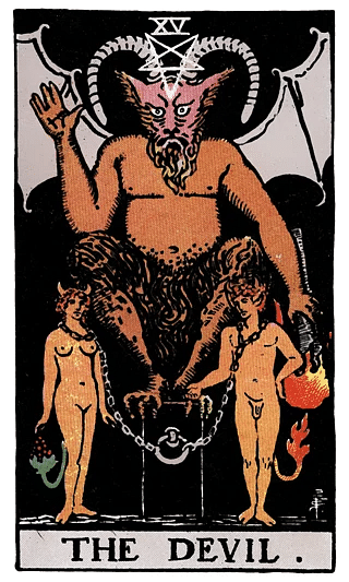 The Devil tarot card from the Rider–Waite deck, showing a horned figure with two chained individuals below.