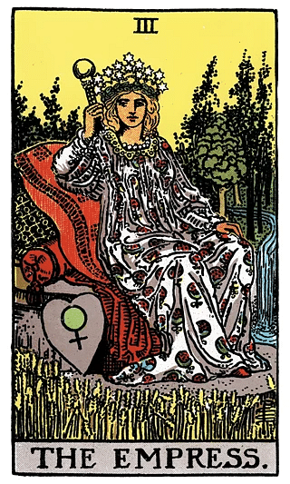 The Empress tarot card from the Rider–Waite deck, showing a regal figure on a throne surrounded by nature and the symbol of Venus