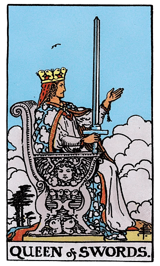 Queen of Swords tarot card from the Rider–Waite deck, depicting a poised queen seated on a throne, sword upright in her hand