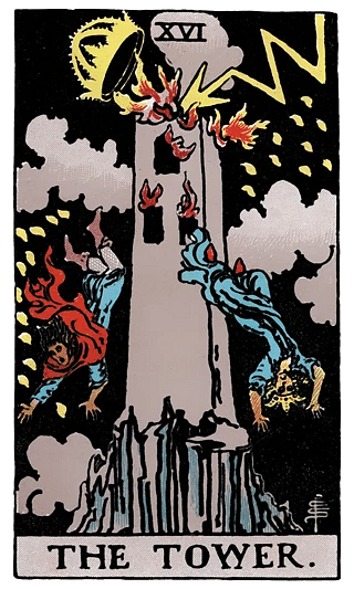 The Tower tarot card from the Rider–Waite deck, depicting a tall tower struck by lightning with figures falling