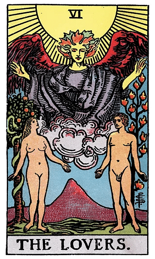 The Lovers tarot card from the Rider–Waite deck, featuring a man and woman under an angel with a blazing sun
