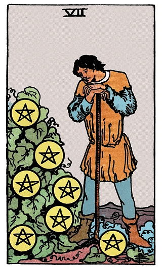 7 of Pentacles tarot card from the Rider–Waite deck, depicting a gardener pausing to assess the pentacles growing on a vine