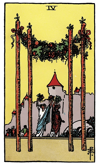 4 of Wands tarot card from the Rider–Waite deck, featuring two figures celebrating beneath a floral canopy supported by four wands