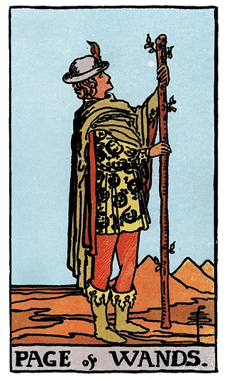 Page of Wands tarot card from the Rider–Waite deck, showing a youthful figure examining a wand in a desert landscape