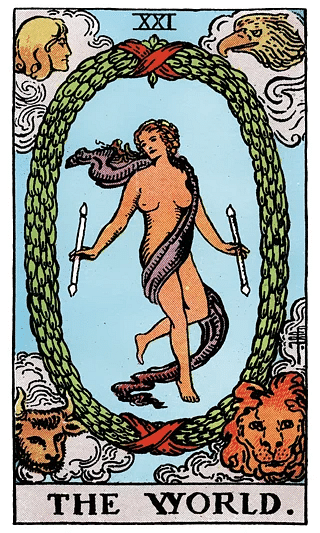 The World tarot card from the Rider–Waite deck, depicting a dancing figure in a wreath surrounded by four symbolic creatures