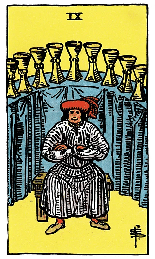 9 of Cups tarot card from the Rider–Waite deck, showing a contented figure seated before nine golden cups, often called the Wish Card