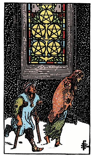 5 of Pentacles tarot card from the Rider–Waite deck, featuring two impoverished figures passing by a lit stained-glass window