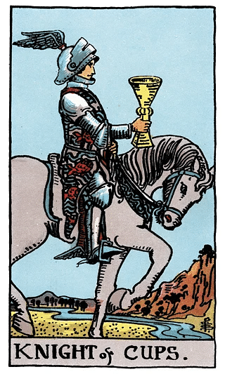 Knight of Cups tarot card from the Rider–Waite deck, showing an armored knight gently carrying a cup across a serene landscape