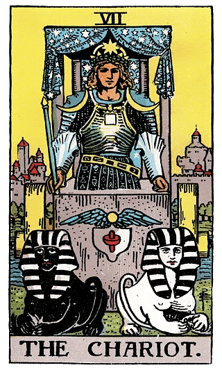 The Chariot tarot card from the Rider–Waite deck, showing a triumphant figure riding a chariot drawn by two sphinxes.