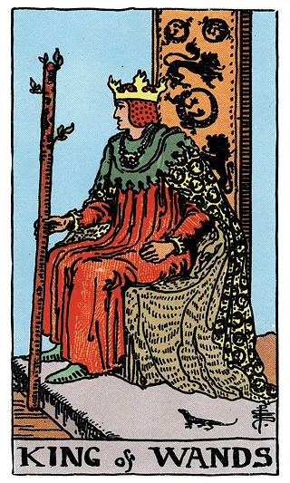 King of Wands tarot card from the Rider–Waite deck, showing a king on a throne adorned with salamanders, symbolizing passion and creativity