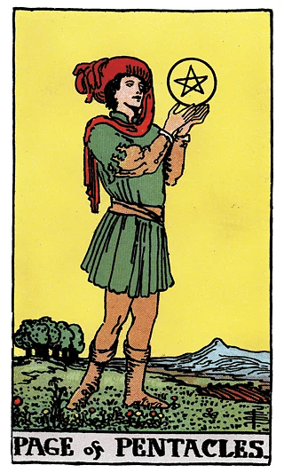 Page of Pentacles tarot card from the Rider–Waite deck, featuring a youthful figure intently studying a pentacle in a lush field